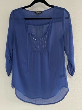 Express Royal Blue Sheer Sequin Peasant Blouse